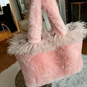 Shein Baby Pink fluffy faux-fur Mongolian trim large shoulder tote purse bag NEW